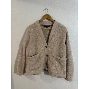 Tommy Hilfiger Oversized Tan Teddy Boucle Long Sleeved Button Up Cardigan Sweate